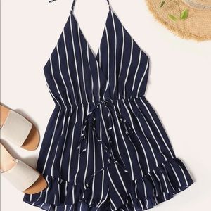Striped Ruffle Hem Open Back Halter Romper